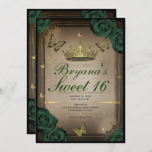 Tiara Butterflies Emerald Green Roses Sweet 16  Invitation
