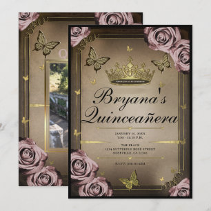 Tiara Butterflies Pale Pink Roses Quinceañera Invitation