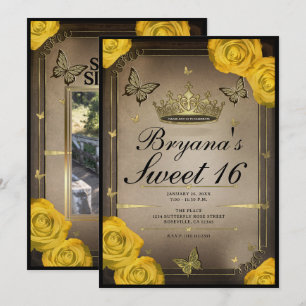 Tiara Butterflies Yellow Roses Sweet 16  Invitation