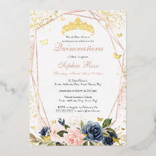 Tiara Butterfly Floral Blush Pink Navy Quinceanera