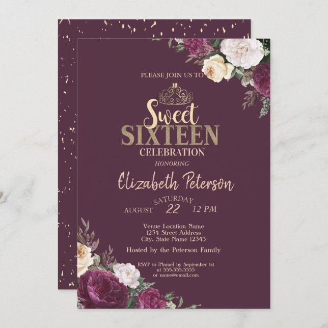 Tiara,Confetti Burgundy Floral Sweet 16 Party Invitation (Front/Back)