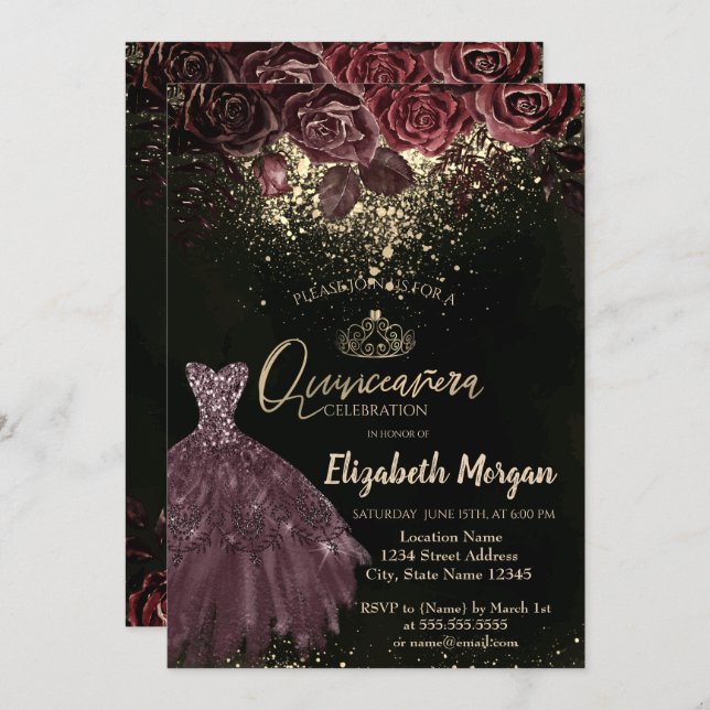 Tiara, Confetti Burgundy Flowers Dress Quinceañera Invitation (Front/Back)