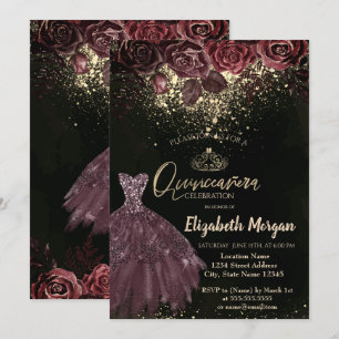Tiara, Confetti Burgundy Flowers Dress Quinceañera Invitation