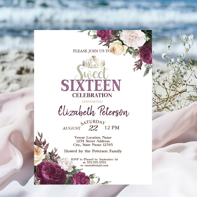 Tiara,Confetti Burgundy Flowers Sweet 16 Party Invitation (Creator Uploaded)