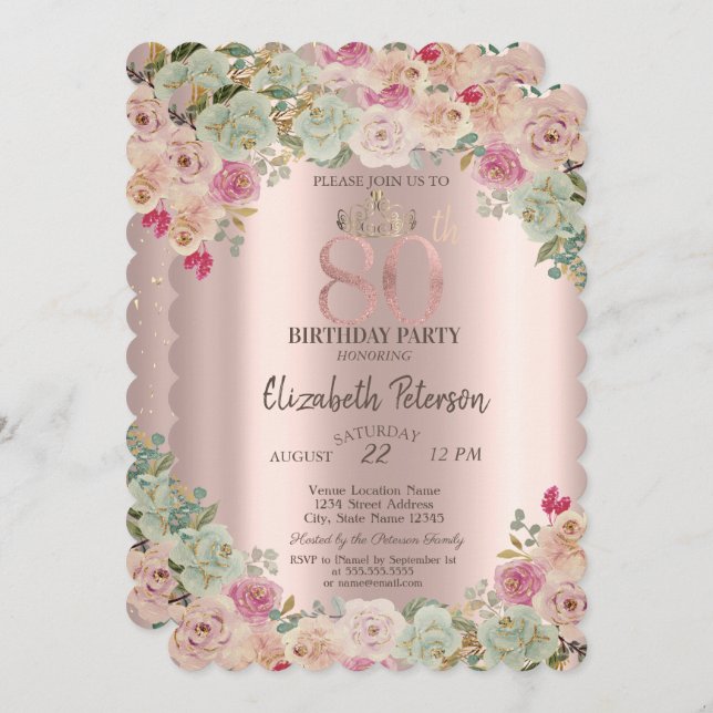 Tiara,Confetti Floral 80th Birthday  Invitation (Front/Back)