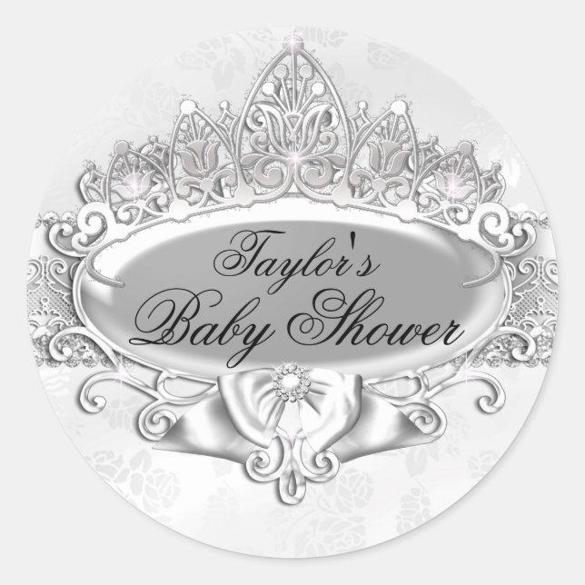 Tiara & Damask Silver Baby Shower Sticker (Front)