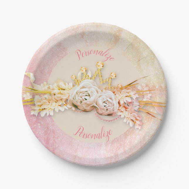Tiara diamond floral bouquet pink gold girly cute paper plate (Front)