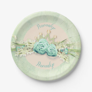 Tiara diamond rose lace teal cream paper plate