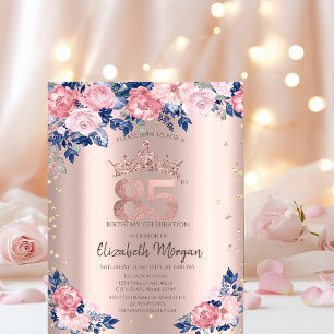 Tiara Diamonds Blue Roses Rose Gold 85th Birthday Invitation