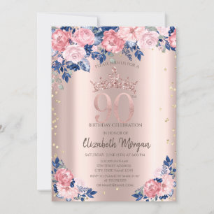 Tiara Diamonds Blue Roses Rose Gold 90th Birthday Invitation