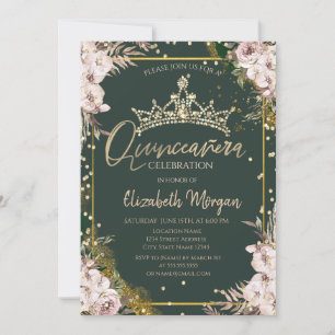 Tiara,Diamonds Boho Flowers Green Quinceañera Invitation