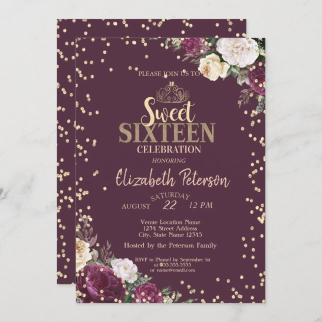 Tiara,Diamonds Burgundy Floral Sweet 16 Party Invitation (Front/Back)