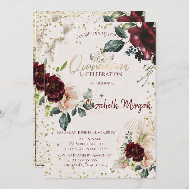  Tiara,Diamonds Burgundy Roses Quinceañera Invitation (Front/Back)