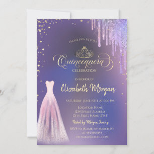 Tiara,Diamonds Dress Drips Violet Quinceañera Invitation