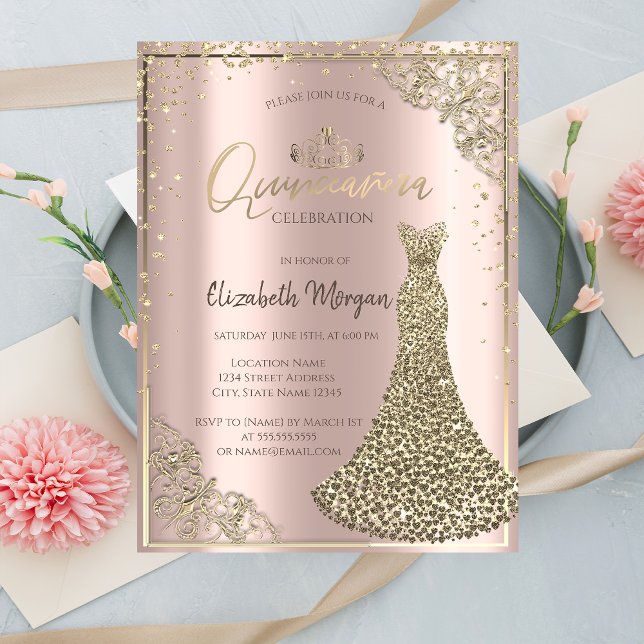 Tiara,Diamonds Dress,Rose Gold Quinceañera  Invitation (Creator Uploaded)