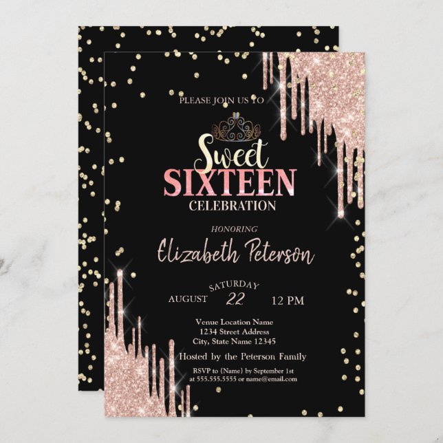 Tiara, Diamonds Glitter Drips Sweet 16 Party Invitation (Front/Back)