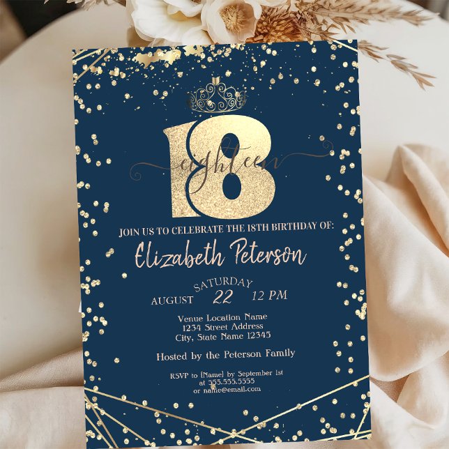 Tiara,Diamonds Navy Blue Gold 18th Birthday Party  Invitation (Creator Uploaded)