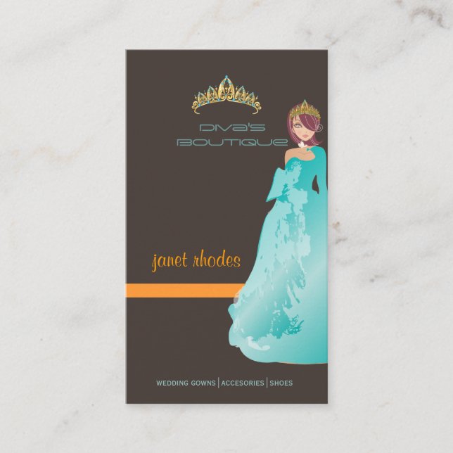 Tiara/diva's boutique/dark taupe/teal/orange business card (Front)