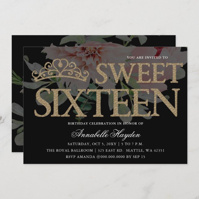 Tiara Floral Black and Gold Sweet 16  Invitation (Front/Back)
