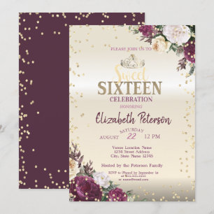 Tiara,Floral Diamonds Burgundy Sweet 16 Party Invitation