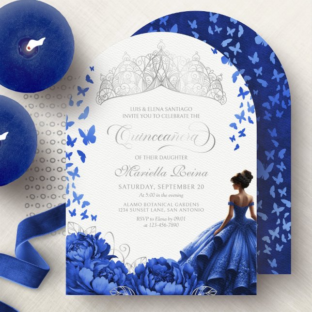 Tiara Floral Royal Blue Flowers Quinceanera Invitation (Creator Uploaded)