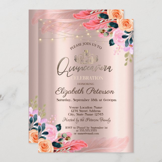 Tiara,Flowers Feather Rose Gold Quinceañera  Invitation (Front/Back)