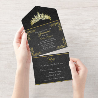 Tiara & Foil Leaf Frame Quinceanera - Black/Gold All In One Invitation