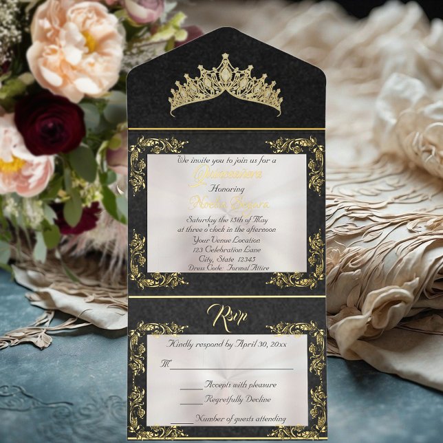 Tiara & Foil Leaf Frame Quinceanera - Pearl/Gold All In One Invitation (Creator Uploaded)
