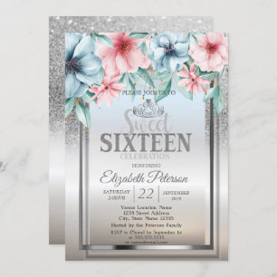 Tiara,Frame Silver Glitter Bokeh Floral Sweet 16 Invitation