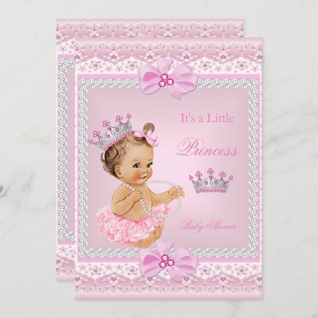 Tiara Girl Princess Baby Shower Pink Pearls Brown Invitation (Front/Back)