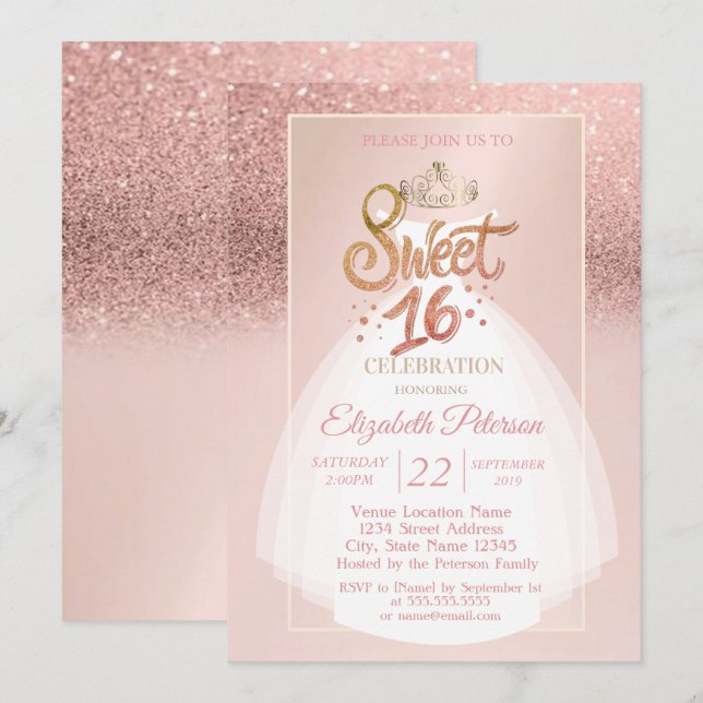 Tiara, Glitter Bokeh Ombre, Dress Sweet 16 Party Invitation (Front/Back)