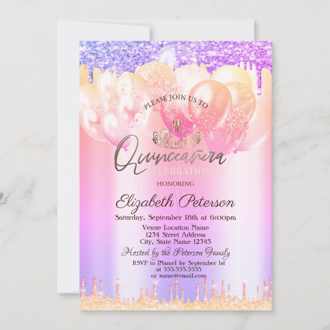 Tiara,Glitter Drops Balloons Ombre Quinceañera Invitation (Front)