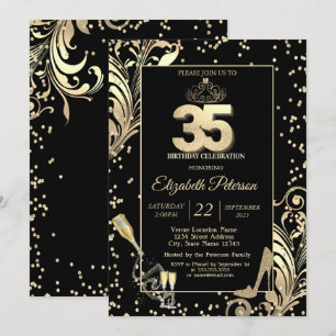 Tiara Glitter Heels Diamonds Swirls 35th Birthday Invitation