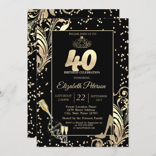 Tiara Glitter Heels Diamonds Swirls 40th Birthday Invitation (Front/Back)