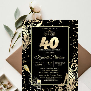 Tiara Glitter Heels Diamonds Swirls 40th Birthday Invitation