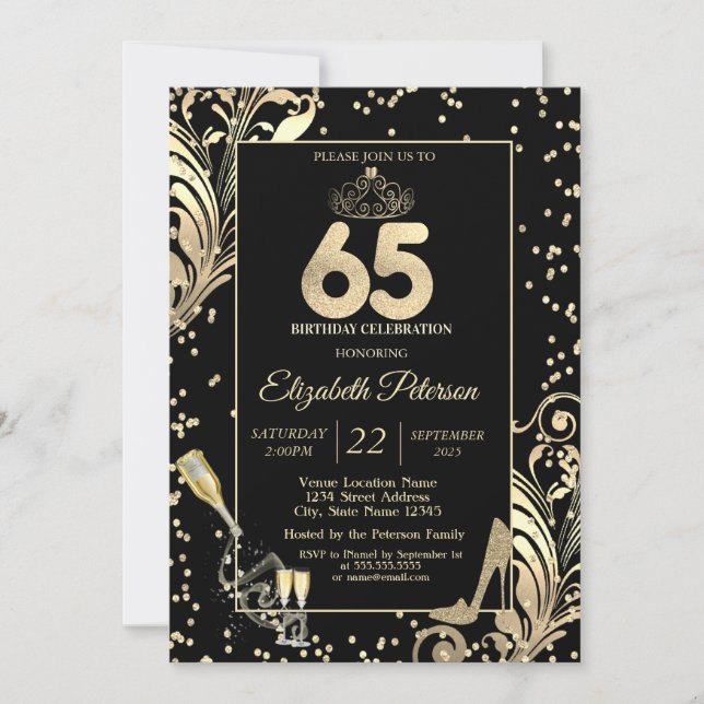Tiara Glitter Heels Diamonds Swirls 65th Birthday Invitation (Front)