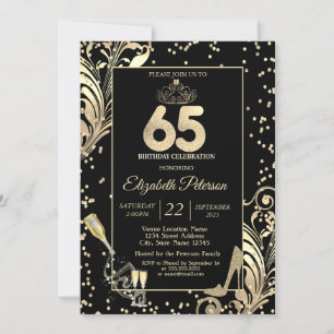 Tiara Glitter Heels Diamonds Swirls 65th Birthday Invitation