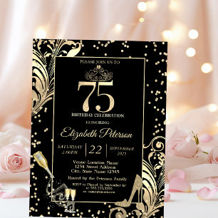 Tiara Glitter Heels Diamonds Swirls 75th Birthday Invitation