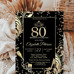 Tiara Glitter Heels Diamonds Swirls 80th Birthday Invitation