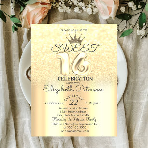 Tiara, Gold Sweet 16 Glitter Bokeh Ombre Party Invitation
