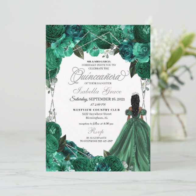 Tiara Green Princess Ball Gown Quinceanera Invitation (Standing Front)