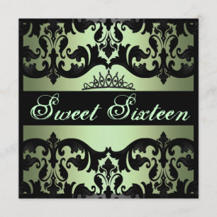 Tiara Green Sweet16 Damask Birthday Invite