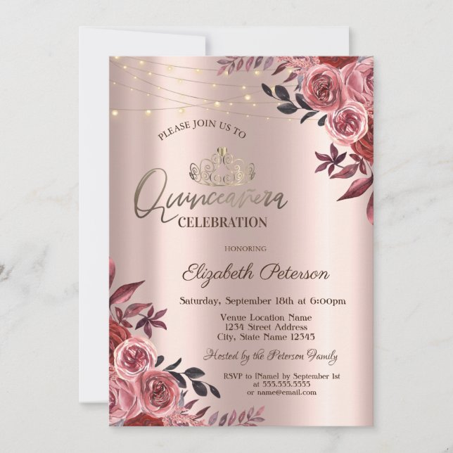 Tiara, Lights Chic Burgundy Roses Quinceañera Invitation (Front)