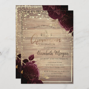 Tiara,Lights,Wood Burgundy Roses Quinceañera Invitation