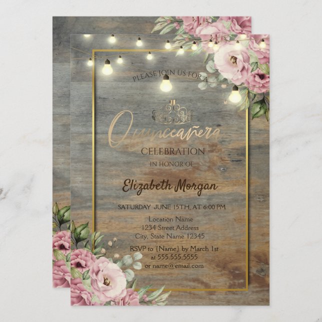 Tiara,Lights,Wood Gold Frame, Flowers Quinceañera  Invitation (Front/Back)