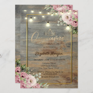 Tiara,Lights,Wood Gold Frame, Flowers Quinceañera  Invitation