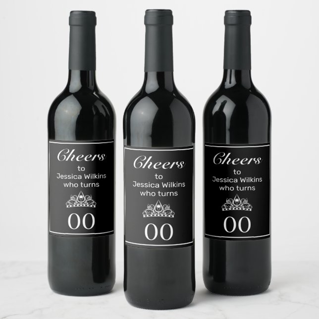 Tiara Modern Black Minimalist Birthday Wine Label (Bottles)