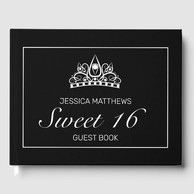 Tiara Modern Black Minimalist Sweet 16 Birthday Guest Book (Front)