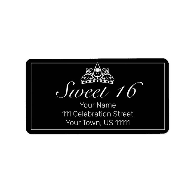 Tiara Modern Minimalist Black Sweet 16 Address Label (Front)