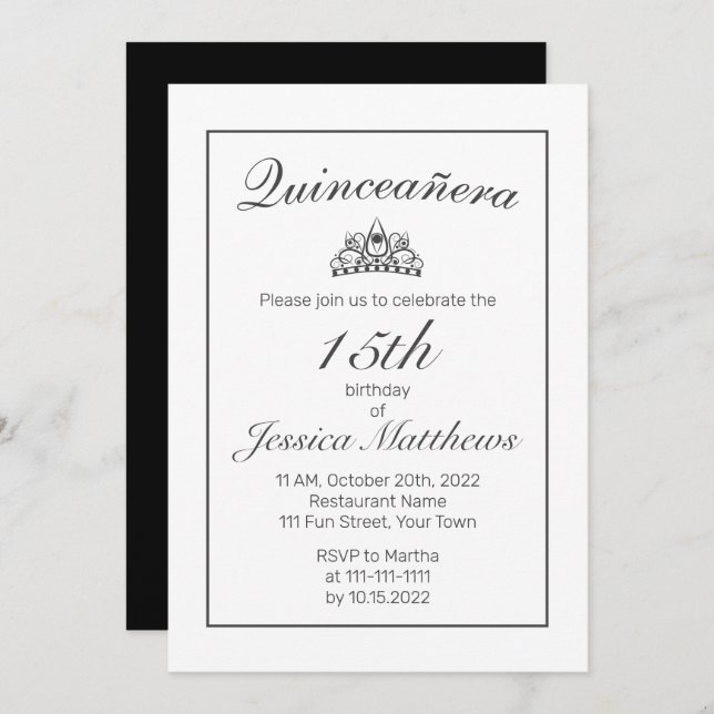 Tiara Modern Minimalist White Black Quinceañera Invitation (Front/Back)